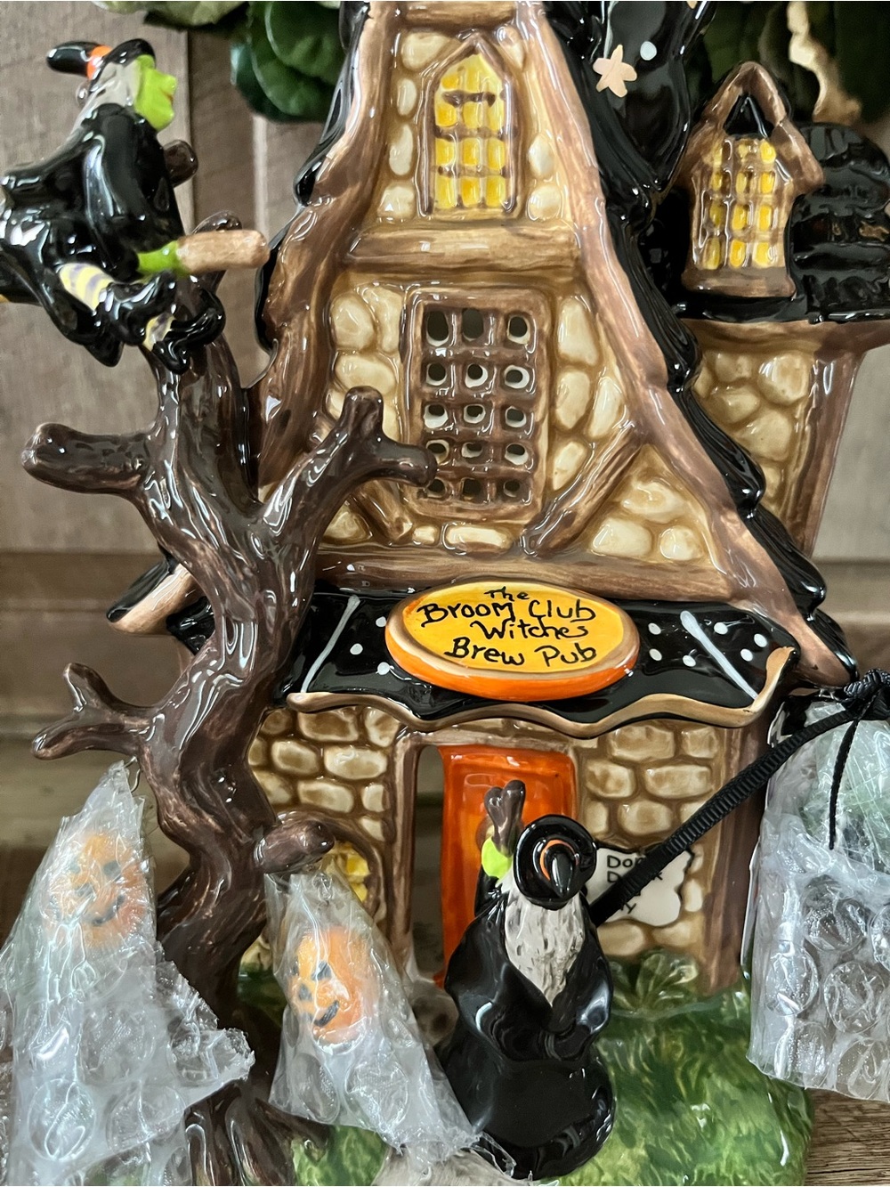 Blue Sky Clayworks Halloween "Broom Club Witches Brew Pub" Ceramic Candle House